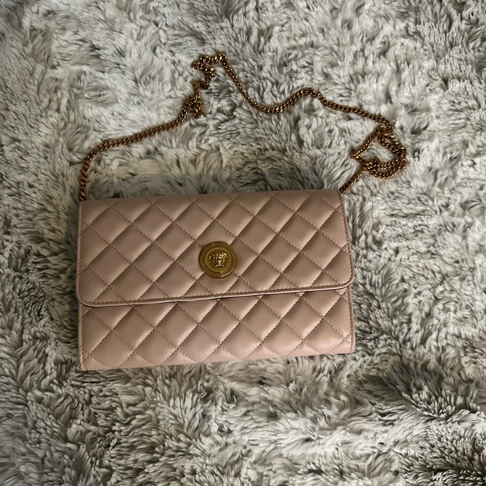 Versace Pink Quilted Medusa Leather Wallet on Chain